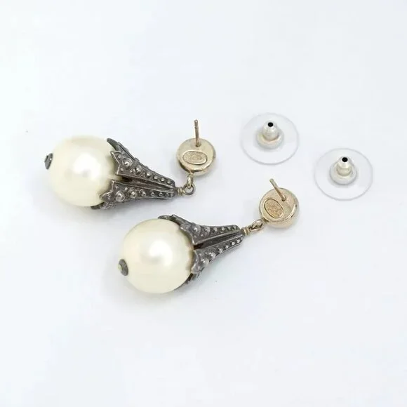 CHANEL CC Logos Pearl Dangle Stud Earrings Silver Gold Tone 03P Auth w/Box